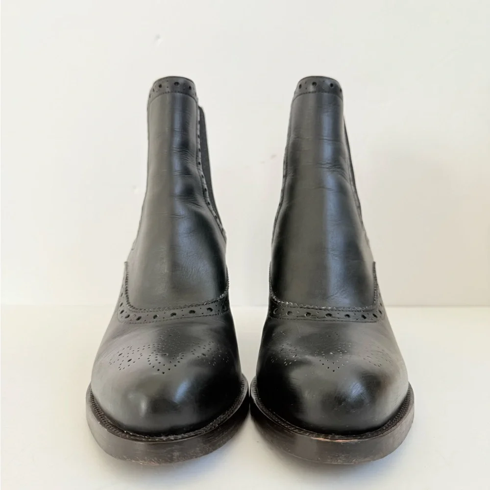 Prada Milano Black Leather Brogue Chelsea Ankle Boots Block Heels EU 39